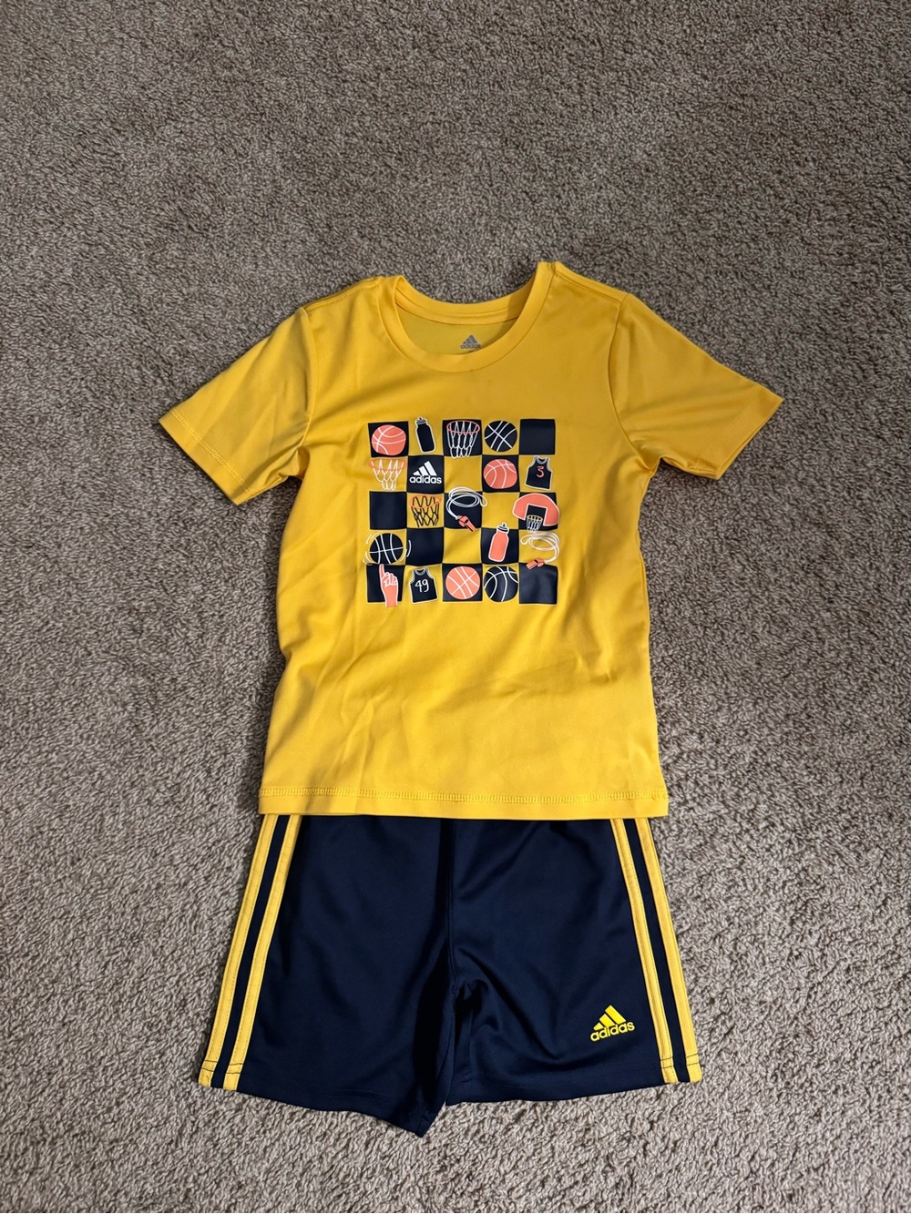 adidas Yellow Graphic Basketball Tee with Navy Shorts